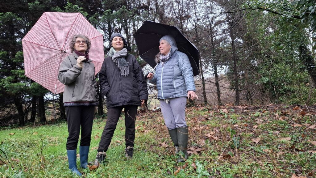 Sylvie, Aline et Monette sous la pluie